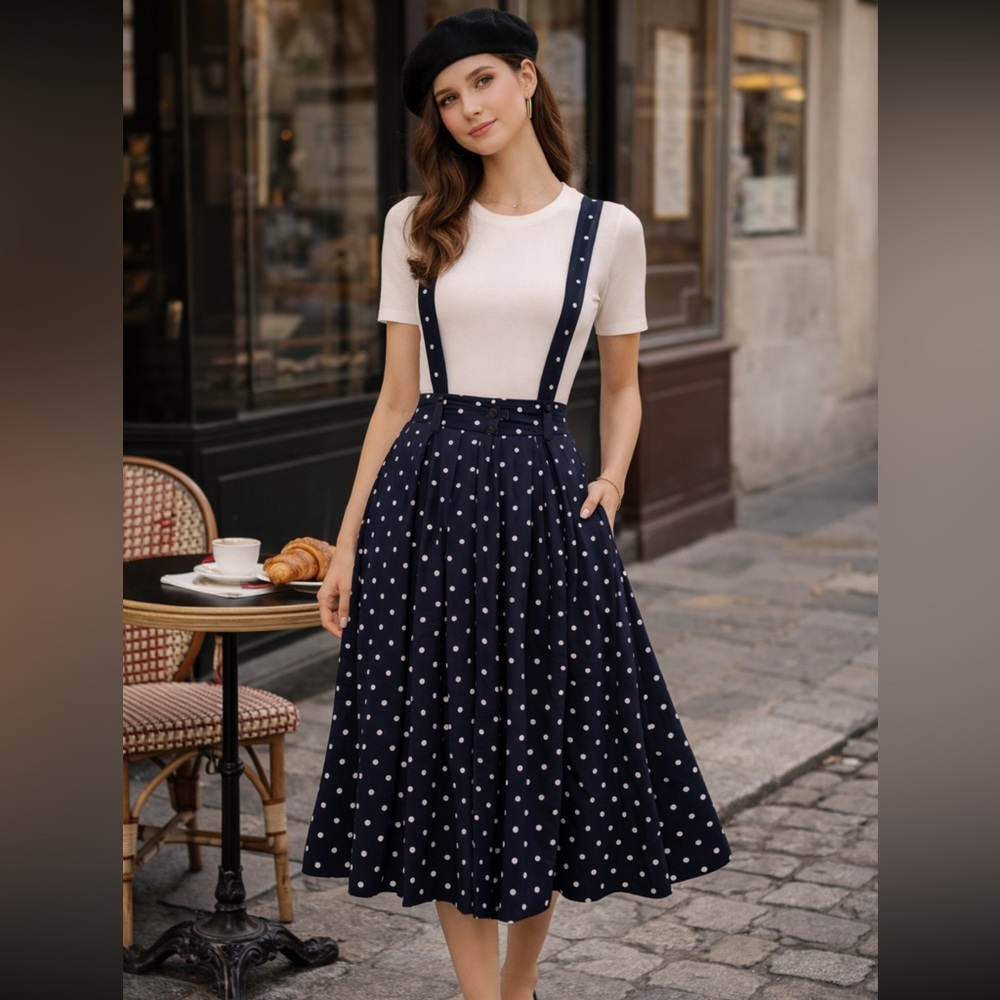 Navy Blue Polka Dot Skirt w Suspenders Overall Skirt Size 7-8